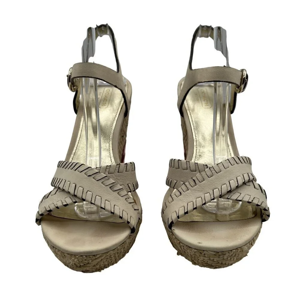 Coach Justeen 9.5 Butterfly Floral Design Woven Espadrille Wedge Leather Sandals